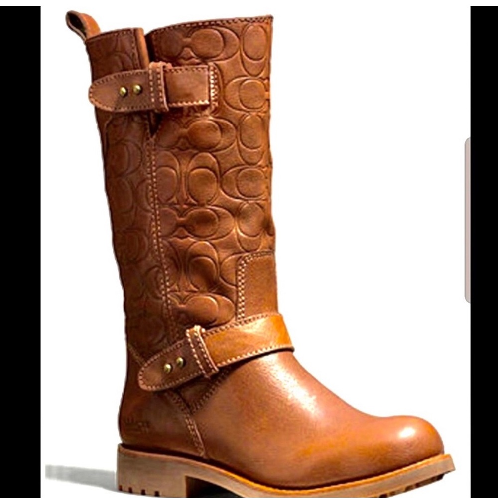 COPY - NWOT COACH Virginia embossed brown  logo leather buckle boots size 11